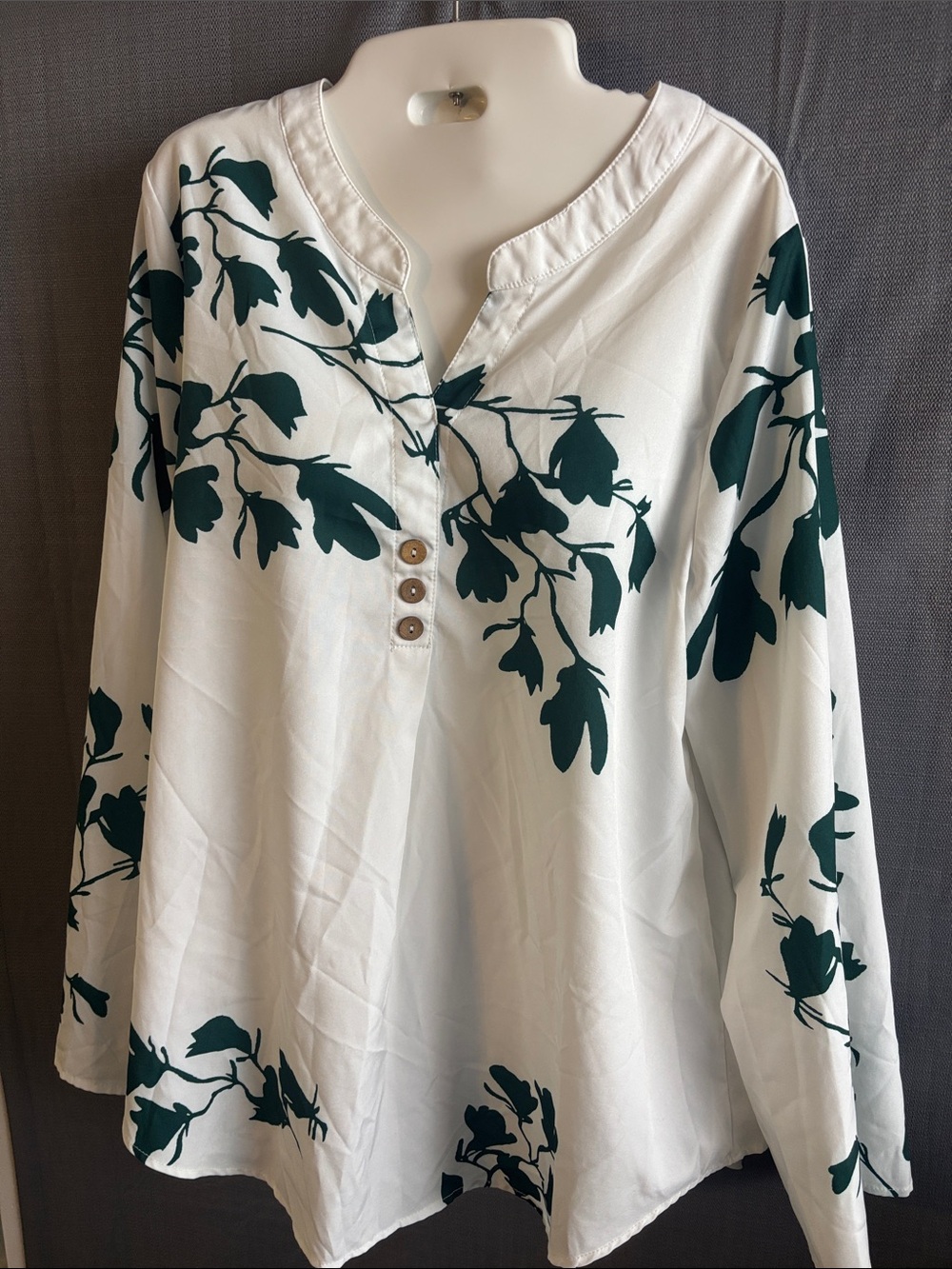 Women’s White Tunic Top with Dark Green Botanical Print